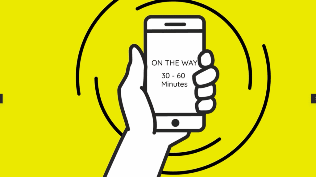 Phone showing "On the way, 30-60 minutes"