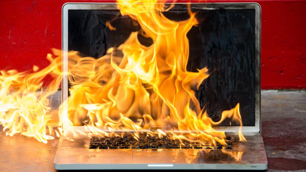 A laptop on fire