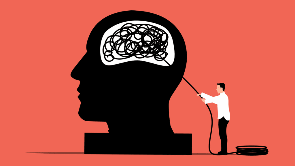 Clip-art brain with scribbles and a person pulling the scribbles out