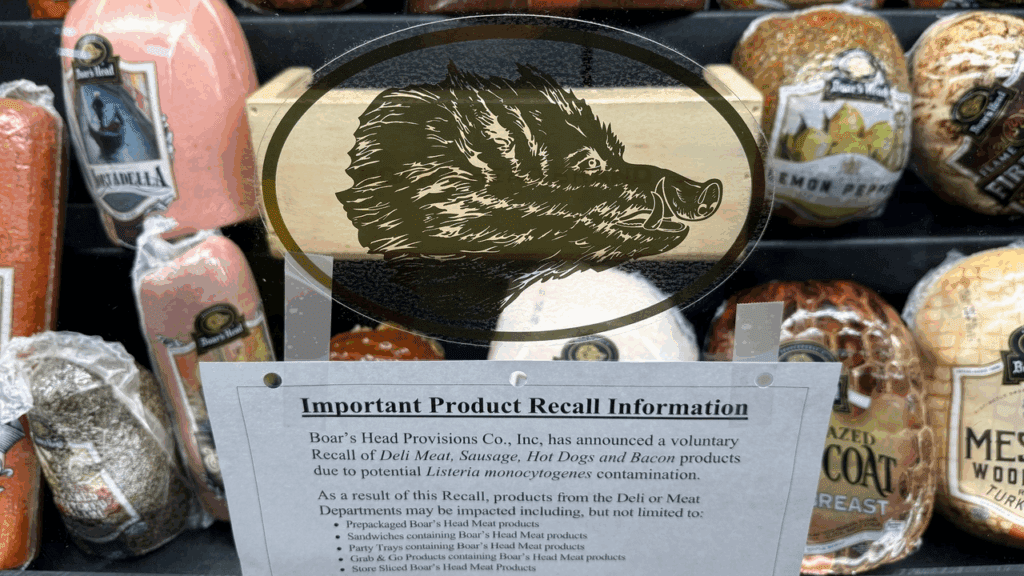 Boar's Head recall posted at a deli window