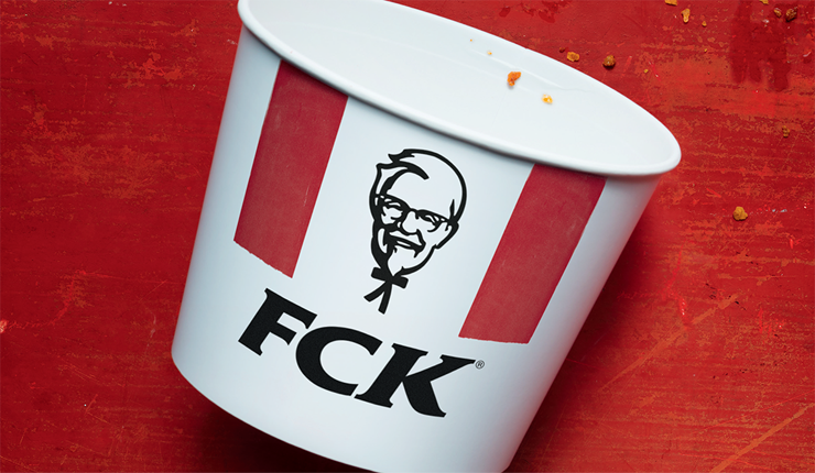 Empty KFC tub with the letters "FCK"