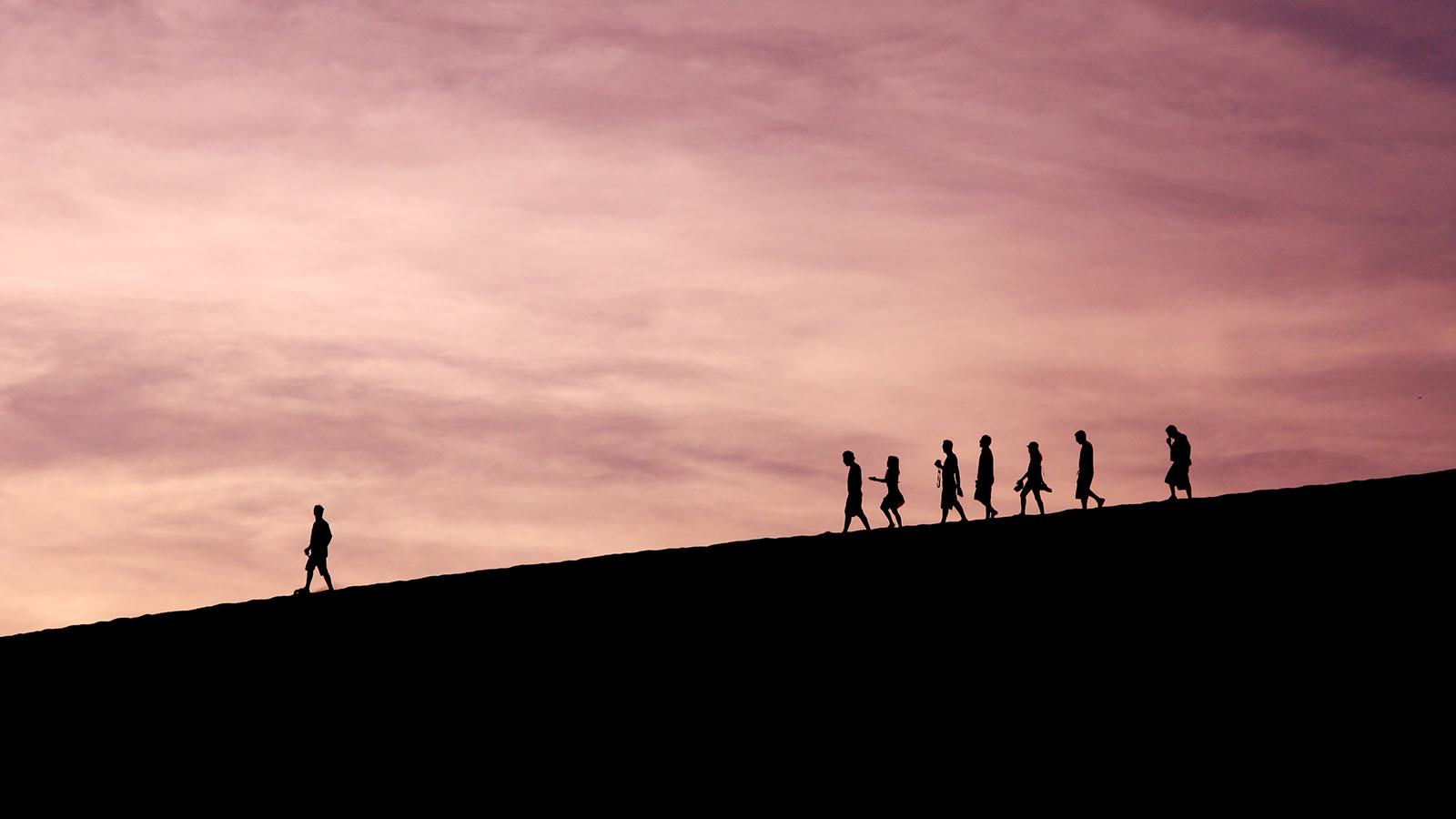 People walking down the hill following their mentor