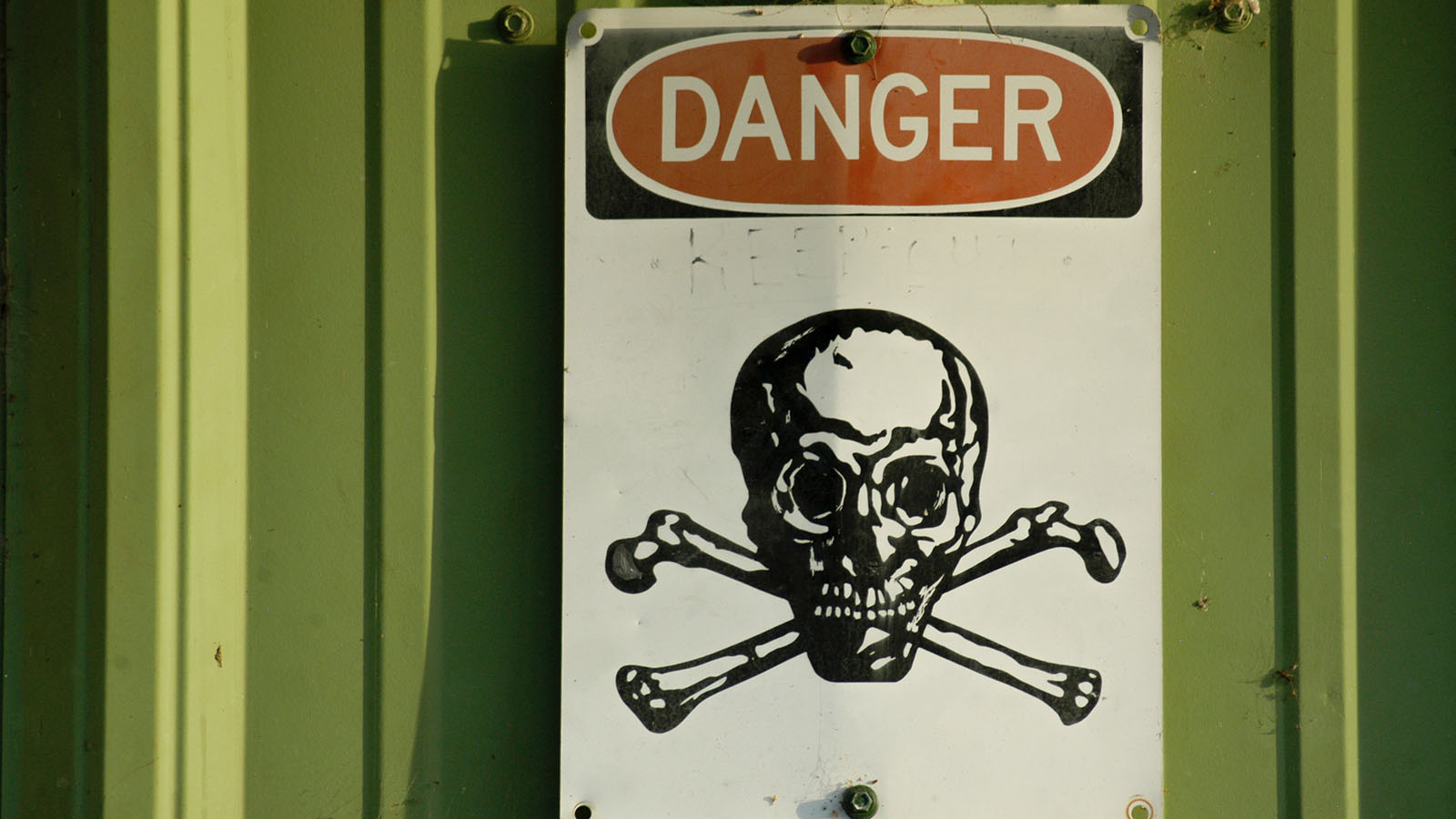'Danger' skull and cross bones sign on green wall